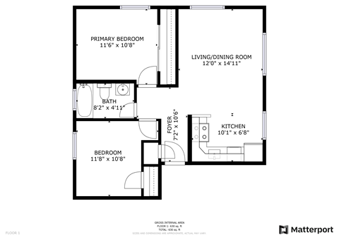Floor plan for 2 beds, 1 bath, 850 sqft